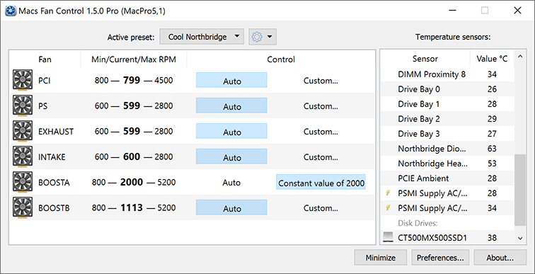 Macs Fan Control main dashboard showing fans and temperature sensors
