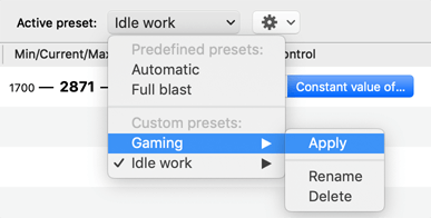 Macs Fan Control fan presets feature for quick profile switching