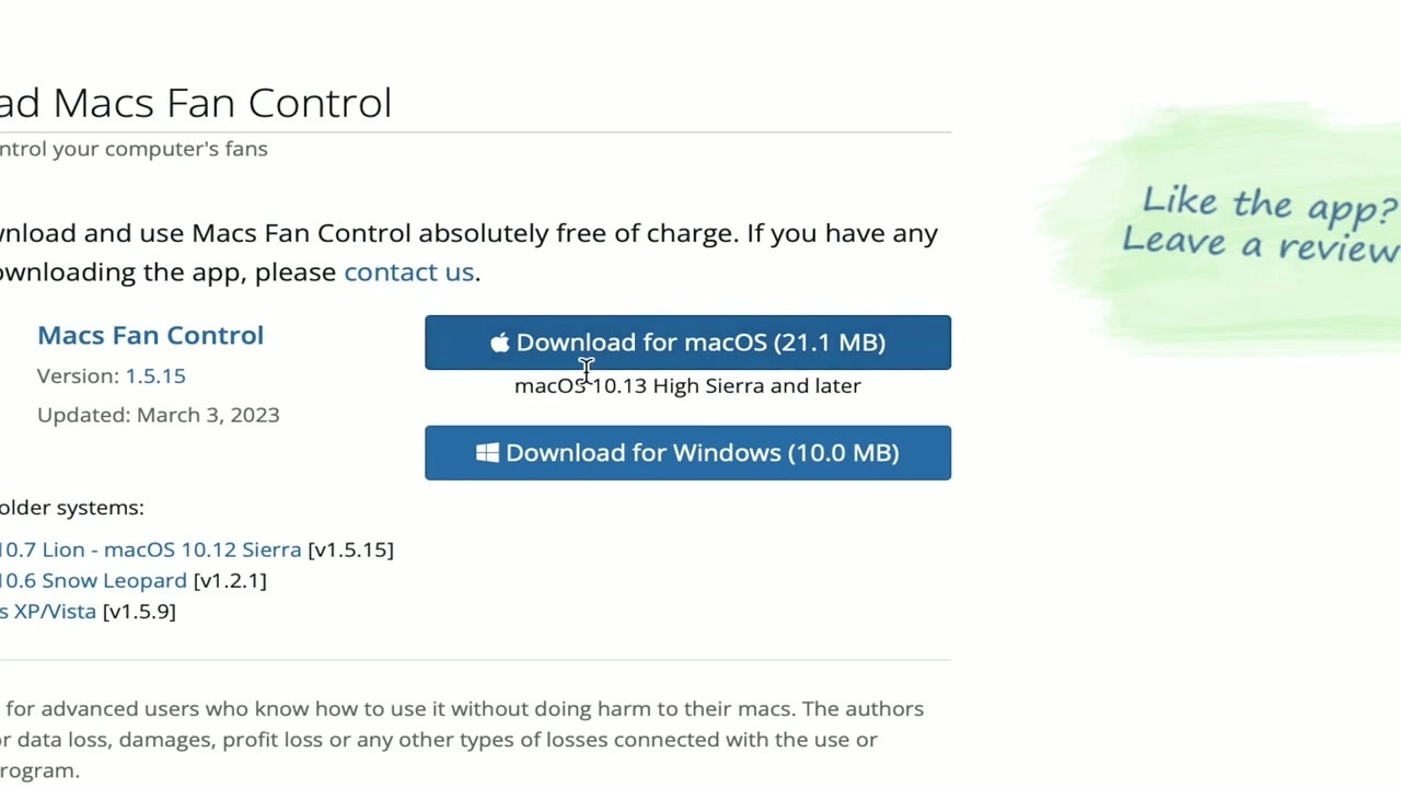 Macs Fan Control download page showing macOS and Windows options