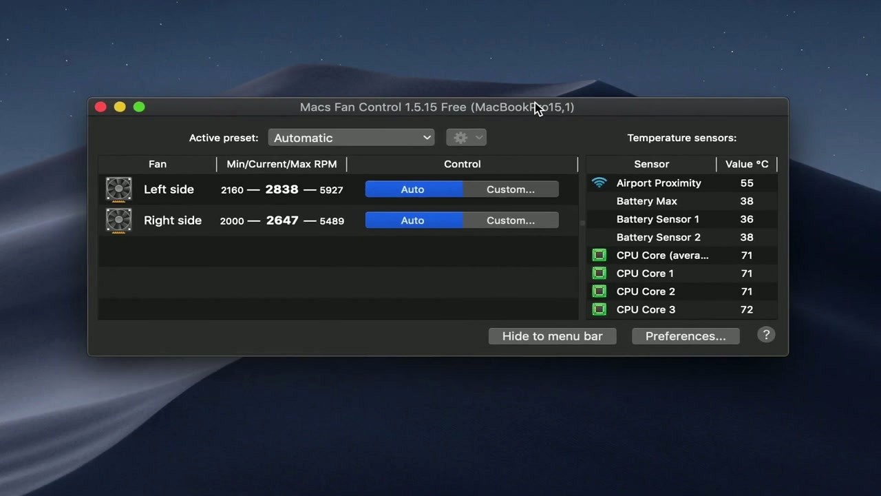 Macs Fan Control main interface showing fans and temperature sensors