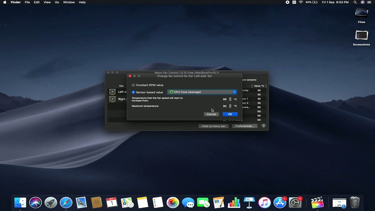 Macs Fan Control sensor-based fan control dialog